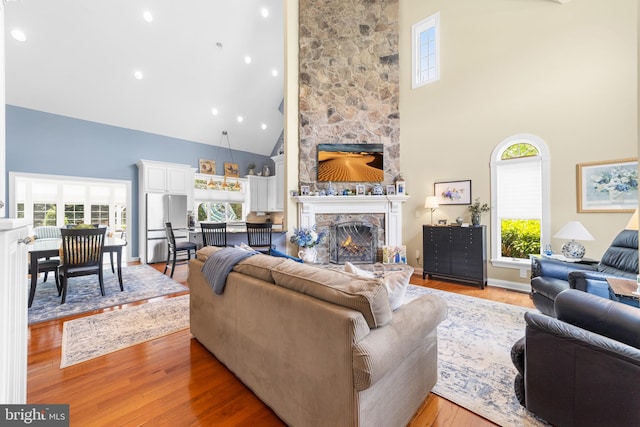 336 Lincoln Rd, Pilesgrove, NJ 08098 - living room featuring high vaulted ceiling, a fireplace, and light wood finished floors