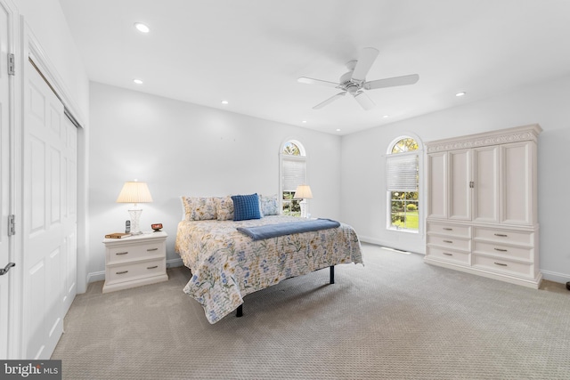 336 Lincoln Rd, Pilesgrove, NJ 08098 - bedroom with a closet, light colored carpet, recessed lighting, and a ceiling fan