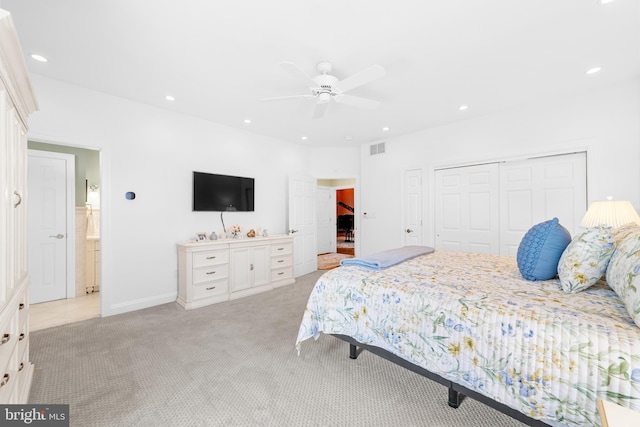 336 Lincoln Rd, Pilesgrove, NJ 08098 - bedroom with light colored carpet, recessed lighting, a closet, and ceiling fan