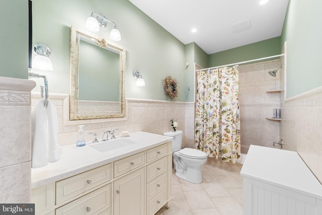 336 Lincoln Rd, Pilesgrove, NJ 08098 - bathroom featuring tile walls, tile patterned flooring, vanity, a shower with shower curtain, and wainscoting
