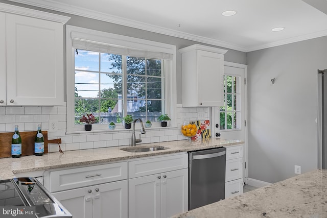 1305 Heather Hill Rd, Baltimore, MD 21239 - kitchen featuring stainless steel dishwasher, white cabinets, backsplash, range, and ornamental molding