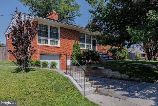 1305 Heather Hill Rd, Baltimore, MD 21239 - view of front facade featuring an attached garage, brick siding, a chimney, and a front lawn