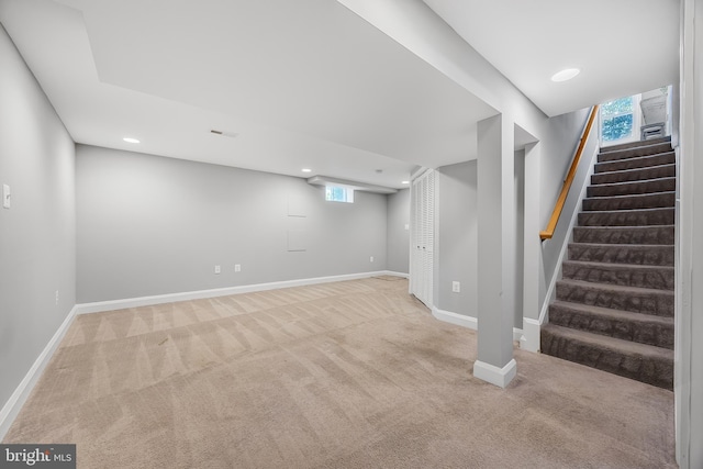 1305 Heather Hill Rd, Baltimore, MD 21239 - basement with carpet, stairway, and recessed lighting