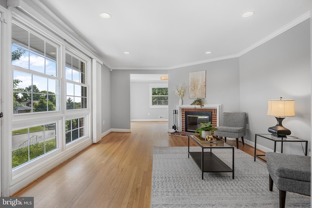 1305 Heather Hill Rd, Baltimore, MD 21239 - living room featuring light wood finished floors, crown molding, recessed lighting, and a fireplace