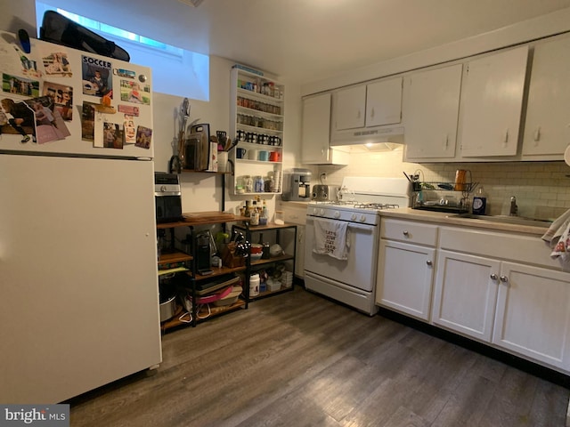 316-322 W Wildey St, Philadelphia, PA 19123 - kitchen featuring white appliances, under cabinet range hood, white cabinets, and dark wood finished floors