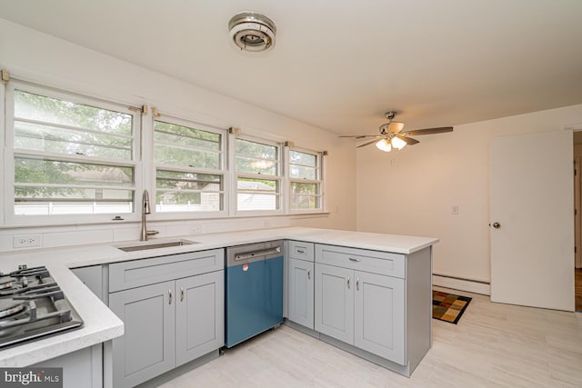 1916 Porter Ave, Suitland, MD 20746 - kitchen featuring dishwasher, a baseboard radiator, stainless steel gas cooktop, a ceiling fan, and light countertops
