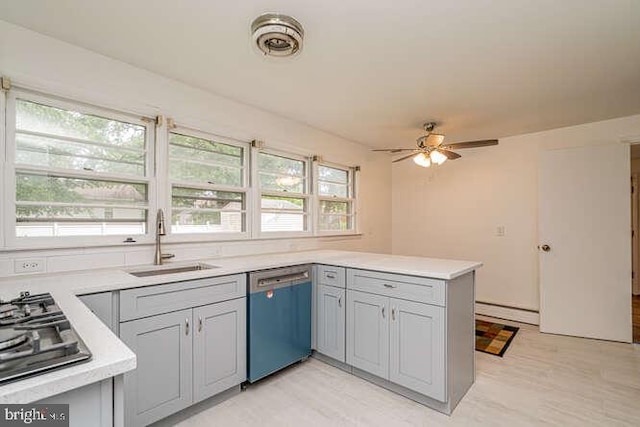 1916 Porter Ave, Suitland, MD 20746 - kitchen featuring dishwasher, ceiling fan, gas cooktop, light countertops, and a baseboard radiator