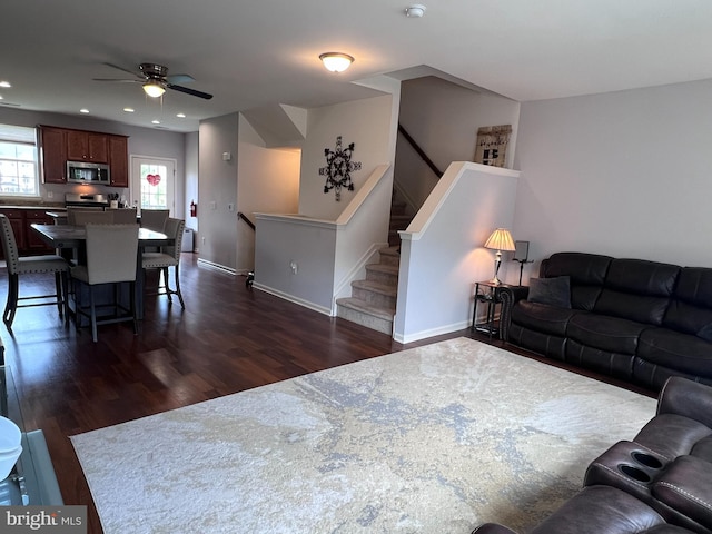 108 Creekside Way, Burlington, NJ 08016 - living area with dark wood-style floors, ceiling fan, recessed lighting, and stairway