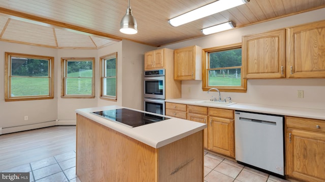 132 Sycamore Dr, Palmerton, PA 18071 - kitchen featuring appliances with stainless steel finishes, light tile patterned flooring, healthy amount of natural light, a center island, and wood ceiling