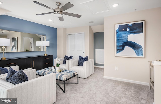 3929 Walnut St, Fairfax, VA 22030 - living room featuring light colored carpet, ceiling fan, and recessed lighting