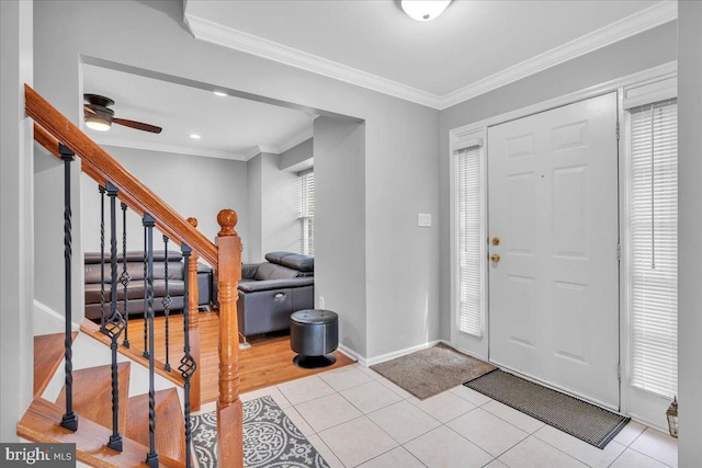 4002 Grenwich Ln, Mount Laurel, NJ 08054 - tiled foyer entrance with ornamental molding, stairs, a ceiling fan, and recessed lighting
