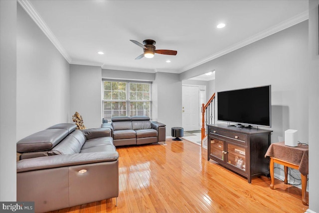 4002 Grenwich Ln, Mount Laurel, NJ 08054 - living area with a ceiling fan, light wood-style flooring, recessed lighting, and ornamental molding