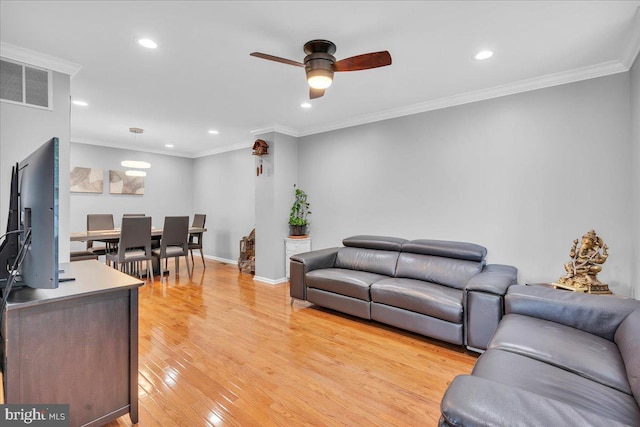 4002 Grenwich Ln, Mount Laurel, NJ 08054 - living area featuring recessed lighting, a ceiling fan, light wood-style floors, and ornamental molding