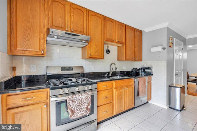 4002 Grenwich Ln, Mount Laurel, NJ 08054 - kitchen with range hood, appliances with stainless steel finishes, ornamental molding, light tile patterned floors, and dark stone counters