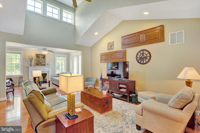 134 Woodhaven Dr, Gettysburg, PA 17325 - living area with ceiling fan, high vaulted ceiling, light wood-style floors, recessed lighting, and a fireplace