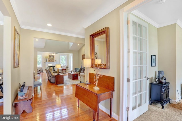 134 Woodhaven Dr, Gettysburg, PA 17325 - hallway featuring wood finished floors, ornamental molding, and recessed lighting