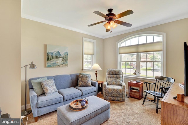 134 Woodhaven Dr, Gettysburg, PA 17325 - living area featuring healthy amount of natural light, light carpet, ceiling fan, and crown molding