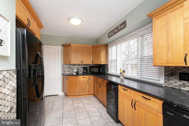 319 E Atlantic Ave, Haddon Heights, NJ 08035 - kitchen with black appliances, wine cooler, tasteful backsplash, and dark stone counters