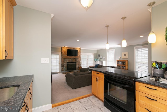 319 E Atlantic Ave, Haddon Heights, NJ 08035 - kitchen with electric range, ornamental molding, open floor plan, a fireplace, and light tile patterned floors