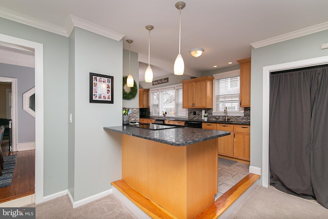 319 E Atlantic Ave, Haddon Heights, NJ 08035 - kitchen featuring a peninsula, backsplash, ornamental molding, pendant lighting, and black appliances