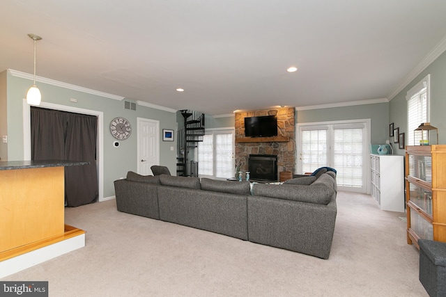 319 E Atlantic Ave, Haddon Heights, NJ 08035 - living room featuring light colored carpet, crown molding, a fireplace, and recessed lighting