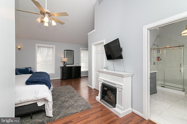 319 E Atlantic Ave, Haddon Heights, NJ 08035 - bedroom featuring ensuite bath, high vaulted ceiling, a ceiling fan, and a fireplace
