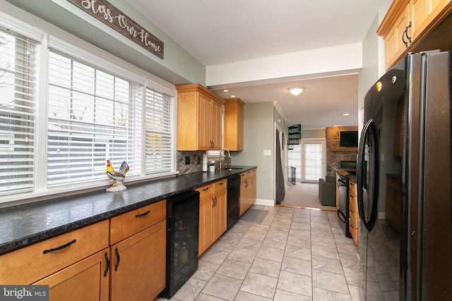 319 E Atlantic Ave, Haddon Heights, NJ 08035 - kitchen featuring black appliances, beverage cooler, decorative backsplash, and dark stone countertops