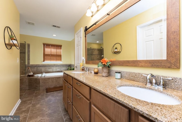 16435 Regatta Ln, Woodbridge, VA 22191 - bathroom featuring double vanity, a bath, tile patterned flooring, and a tile shower