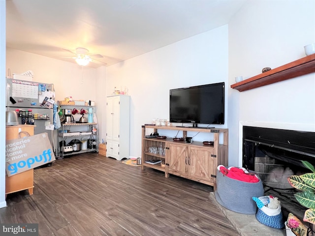 304 W Wildey St, Philadelphia, PA 19123 - living room with wood finished floors, a ceiling fan, and a fireplace