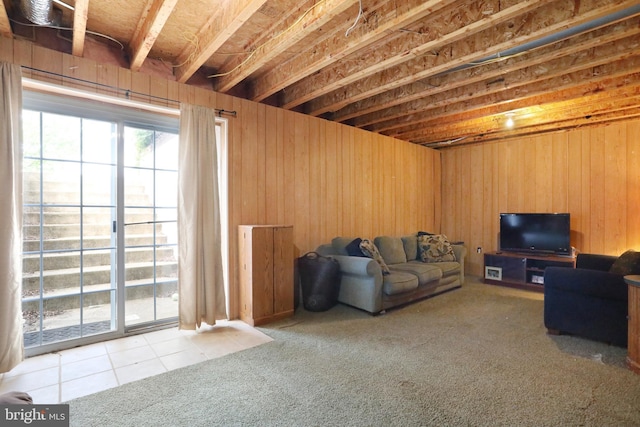 1143 Happy Ridge Dr, Front Royal, VA 22630 - carpeted living area featuring tile patterned flooring and wood walls