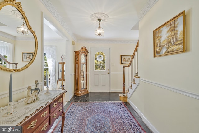 1202 Forestville Dr, Great Falls, VA 22066 - foyer entrance featuring healthy amount of natural light, ornamental molding, and stairs