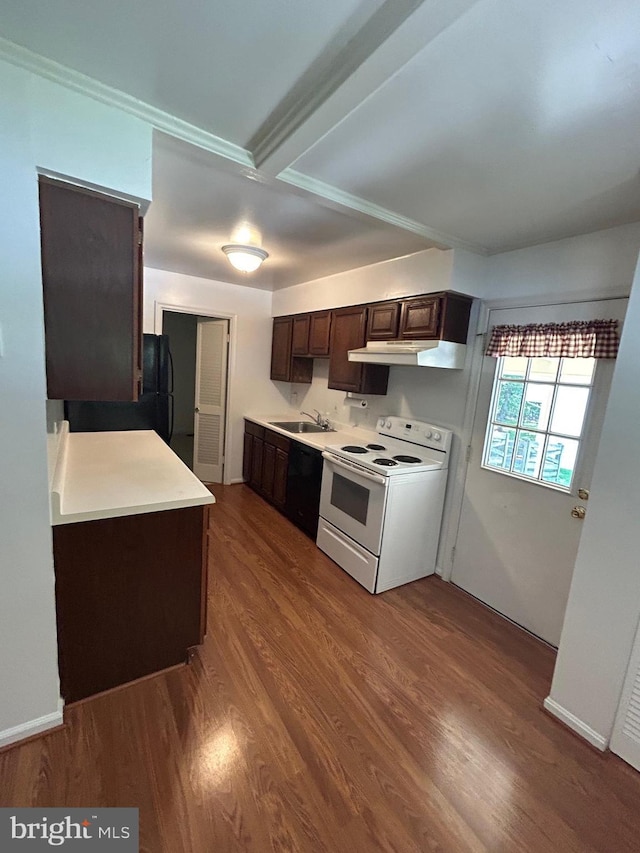 12157 Pineneedle Ct, Woodbridge, VA 22192 - kitchen with black appliances, under cabinet range hood, dark brown cabinets, and dark wood-style flooring