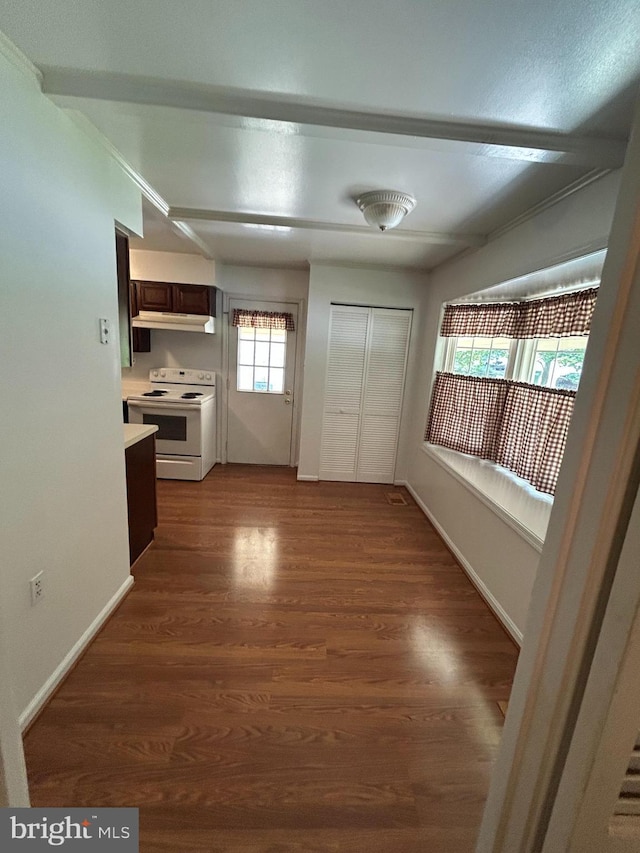 12157 Pineneedle Ct, Woodbridge, VA 22192 - kitchen with white range with electric stovetop, under cabinet range hood, light countertops, dark brown cabinets, and dark wood-style floors