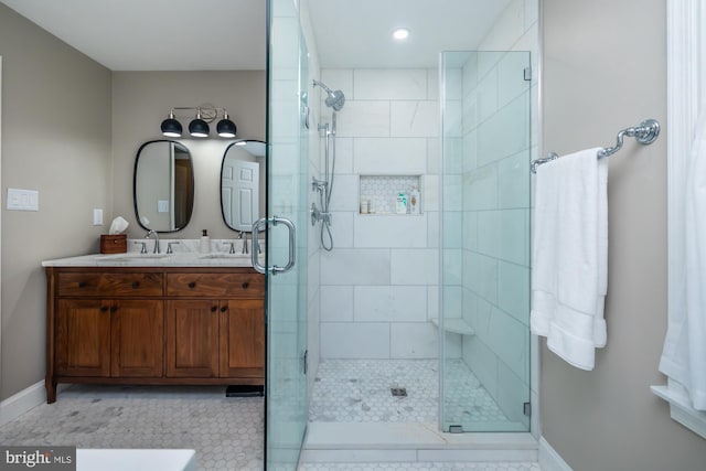20 Mooney Ln, Chester Springs, PA 19425 - bathroom with a shower stall, double vanity, recessed lighting, and tile patterned floors
