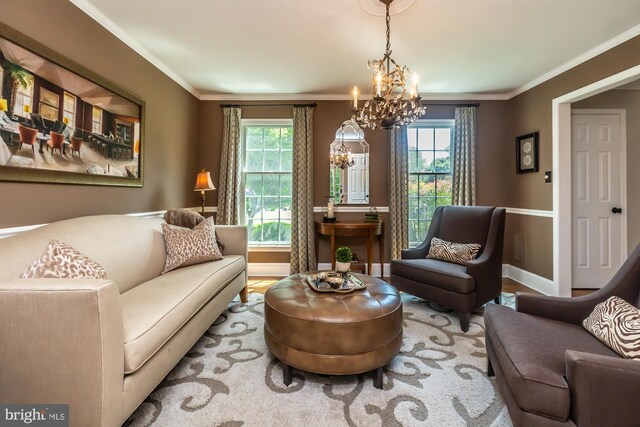 20 Mooney Ln, Chester Springs, PA 19425 - living area with a chandelier, healthy amount of natural light, crown molding, and wood finished floors