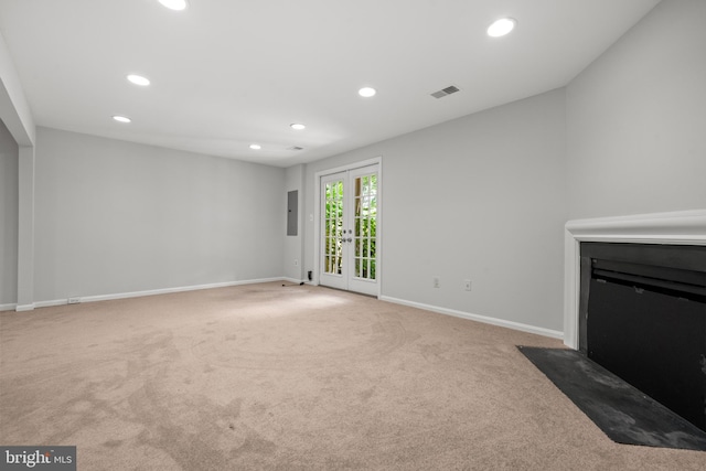 6558 Lochleigh Ct, Alexandria, VA 22315 - unfurnished living room featuring recessed lighting, a fireplace with flush hearth, carpet flooring, and electric panel