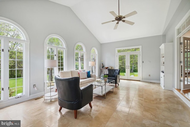 14309 Cervantes Ave, Darnestown, MD 20874 - living room with french doors, high vaulted ceiling, and ceiling fan