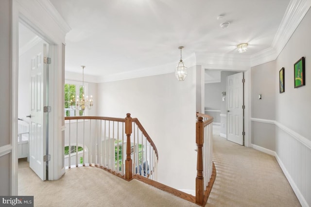 14309 Cervantes Ave, Darnestown, MD 20874 - hall featuring an upstairs landing, carpet flooring, a chandelier, and crown molding