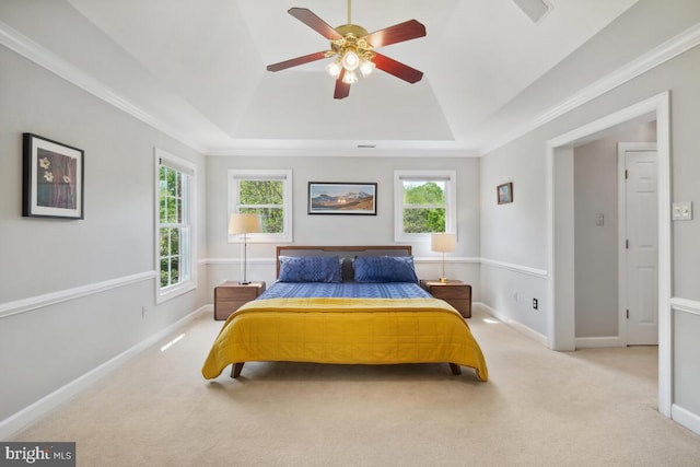 14309 Cervantes Ave, Darnestown, MD 20874 - bedroom with a raised ceiling, carpet floors, a ceiling fan, and crown molding
