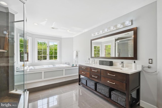14309 Cervantes Ave, Darnestown, MD 20874 - bathroom featuring crown molding, double vanity, a garden tub, and a shower stall