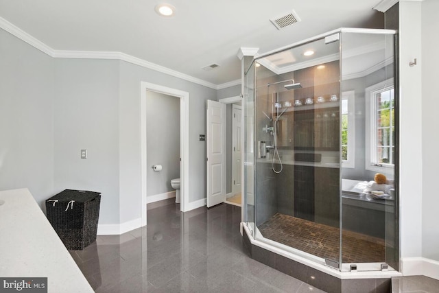 14309 Cervantes Ave, Darnestown, MD 20874 - full bath featuring crown molding, a shower stall, granite tiled floors, and recessed lighting