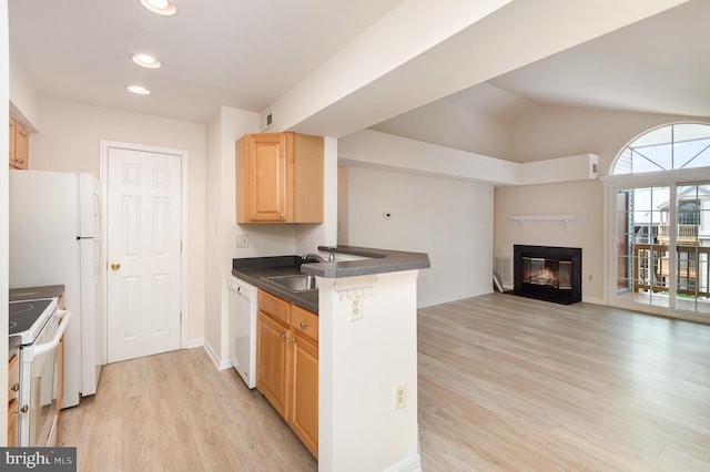 6905 Victoria Dr Unit 6905-L, Alexandria, VA 22310 - kitchen featuring white appliances, open floor plan, dark countertops, light brown cabinets, and light wood-style floors