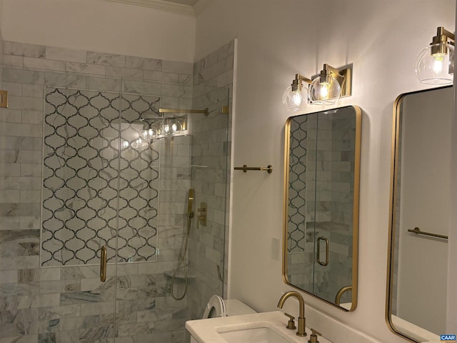 1108 E Jefferson St, Charlottesville, VA 22901 - full bathroom featuring a stall shower, vanity, and crown molding