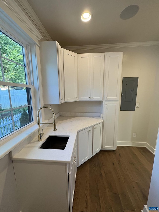1108 E Jefferson St, Charlottesville, VA 22901 - kitchen featuring electric panel, white cabinets, crown molding, healthy amount of natural light, and recessed lighting