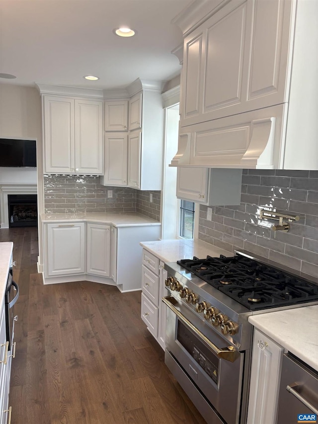 1108 E Jefferson St, Charlottesville, VA 22901 - kitchen with high end stainless steel range, white cabinets, backsplash, and recessed lighting