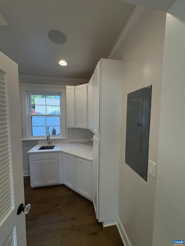 1108 E Jefferson St, Charlottesville, VA 22901 - kitchen with electric panel, ornamental molding, dark wood finished floors, white cabinets, and light countertops