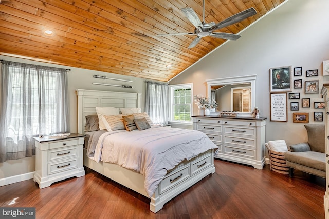 1225 Shenkel Rd, Pottstown, PA 19465 - bedroom with wood ceiling, dark wood-style floors, high vaulted ceiling, and ceiling fan