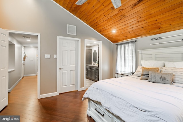 1225 Shenkel Rd, Pottstown, PA 19465 - bedroom featuring wooden ceiling, dark wood-type flooring, high vaulted ceiling, and connected bathroom