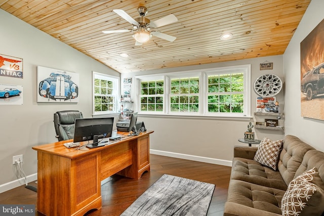 1225 Shenkel Rd, Pottstown, PA 19465 - office space featuring wooden ceiling, ceiling fan, dark wood-style floors, lofted ceiling, and recessed lighting