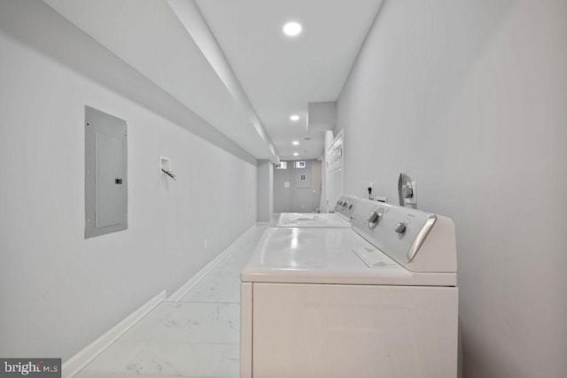 1815 N Warwick Ave, Baltimore, MD 21216 - washroom with washer and clothes dryer, electric panel, light marble finish floors, and recessed lighting